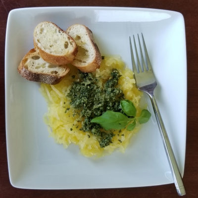 Brains with Slime Sauce – Spaghetti Squash with Basil Kale Pesto